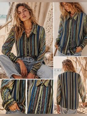 KOOS of Course! Mixed Print Button Front Blouse | Striped & Lace Detail